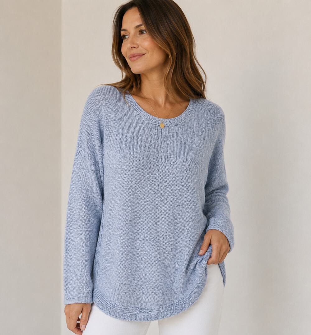 Chicos Sweater Tunic Womens XL Blue Metallic Knit Pullover Shimmer Boho Hippie